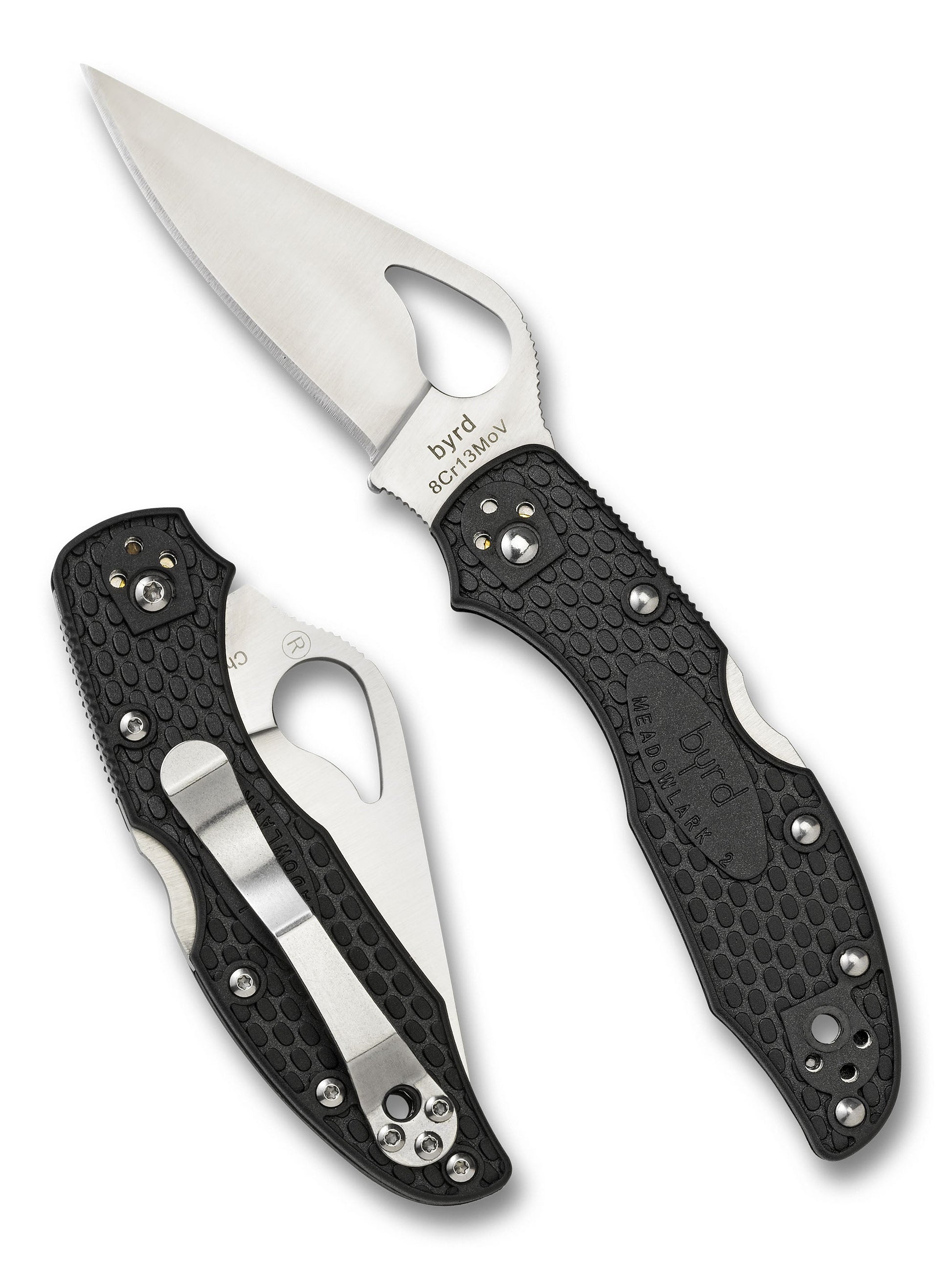 Spyderco Byrd Meadowlark 2 BY04PBK2 front view – 2.88″ black 8Cr13MoV leaf-shaped folding knife with black FRN handle