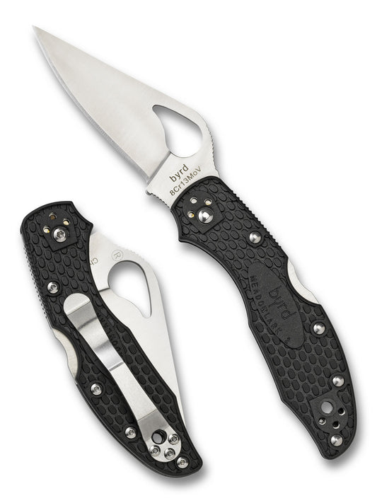 Spyderco Byrd Meadowlark 2 BY04PBK2 front view – 2.88″ black 8Cr13MoV leaf-shaped folding knife with black FRN handle