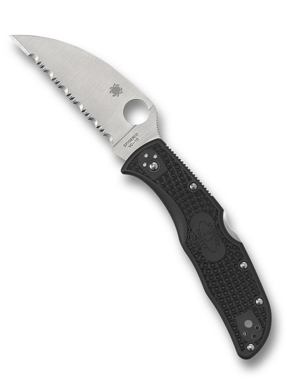 Spyderco Endela C243FSWCBK serrated SpyderEdge Wharncliffe blade shown in the open position