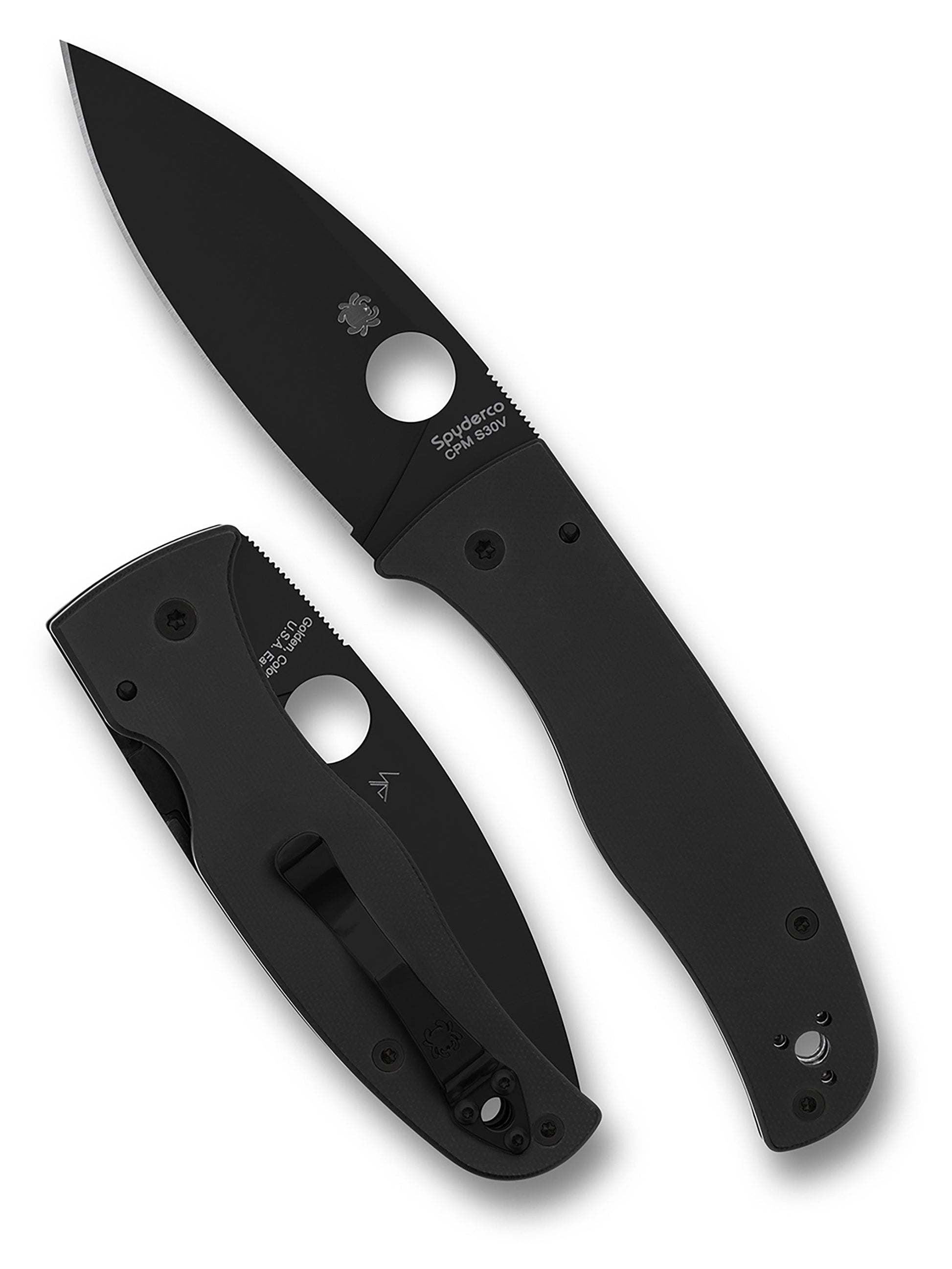 Spyderco Bodacious C263GPBK DLC-coated CPM-S30V blade with black G-10 handle, open and closed views