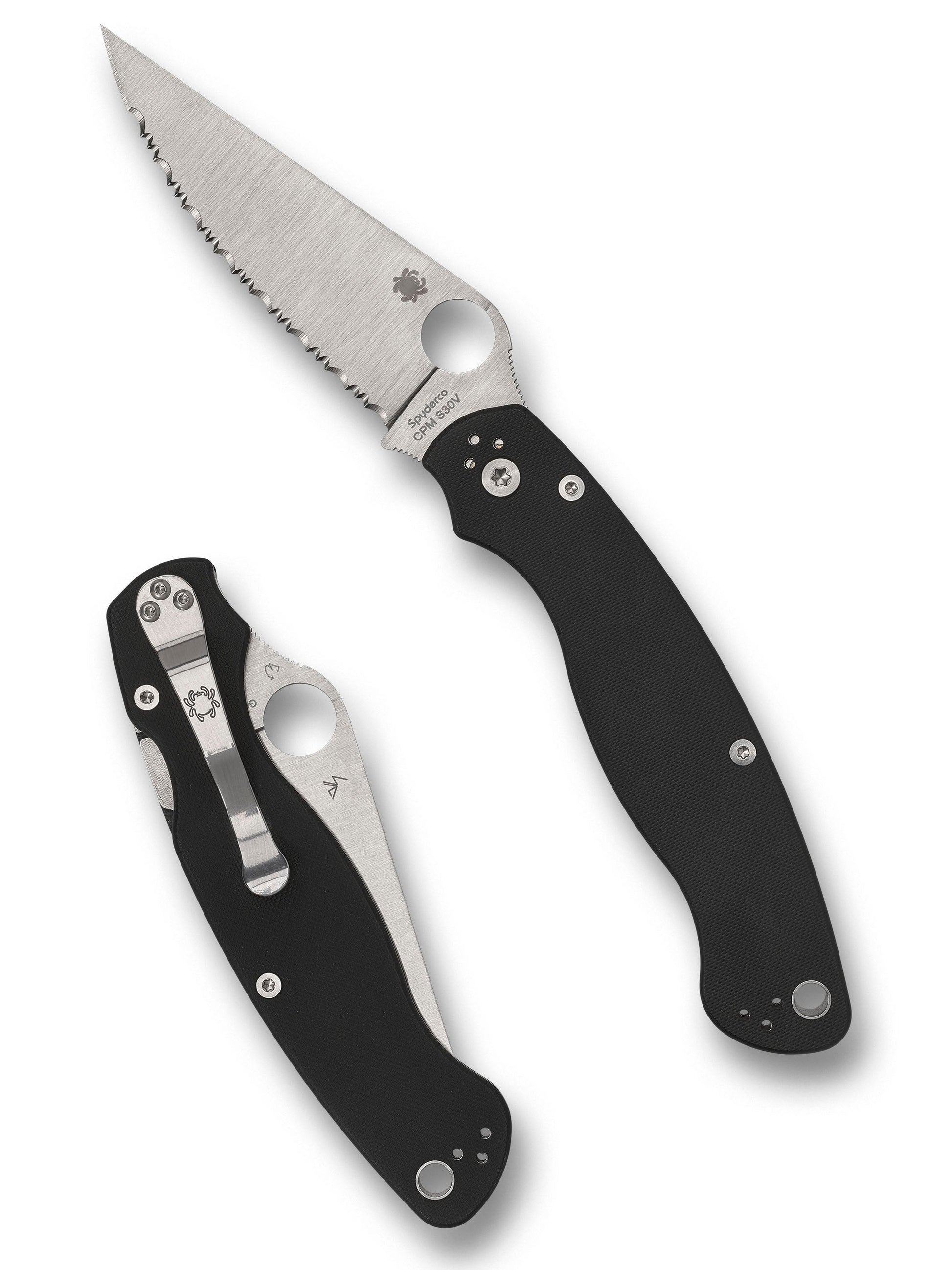 Spyderco Military 2 C36GS2 folding knife shown open and closed, satin CPM S30V SpyderEdge blade with black G-10 handle