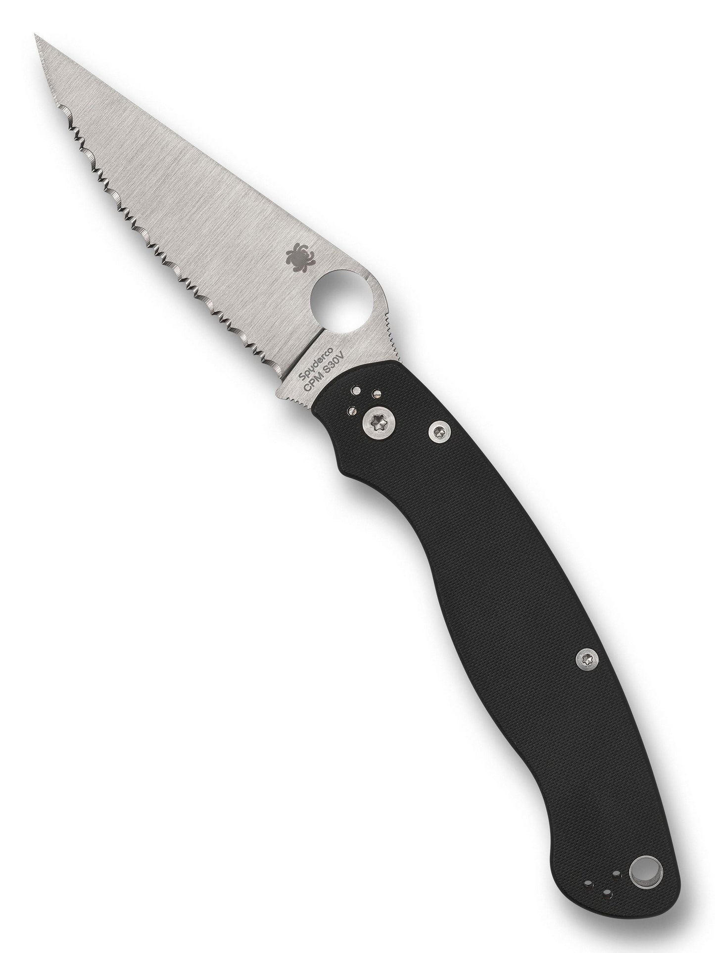 Spyderco Military 2 C36GS2 open showing 4 inch satin CPM S30V SpyderEdge fully serrated leaf blade