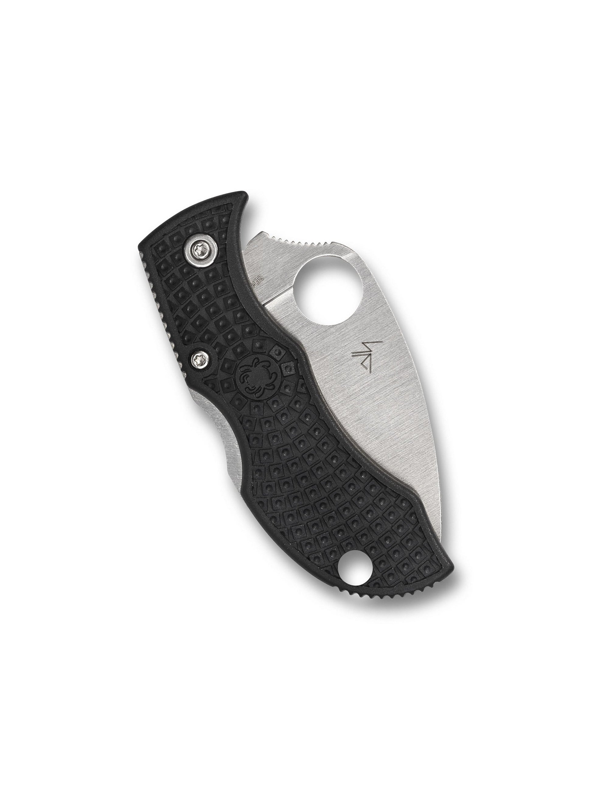 Spyderco Manbug Wharncliffe MBKWS closed view showing Bi-Directional Textured black FRN handle