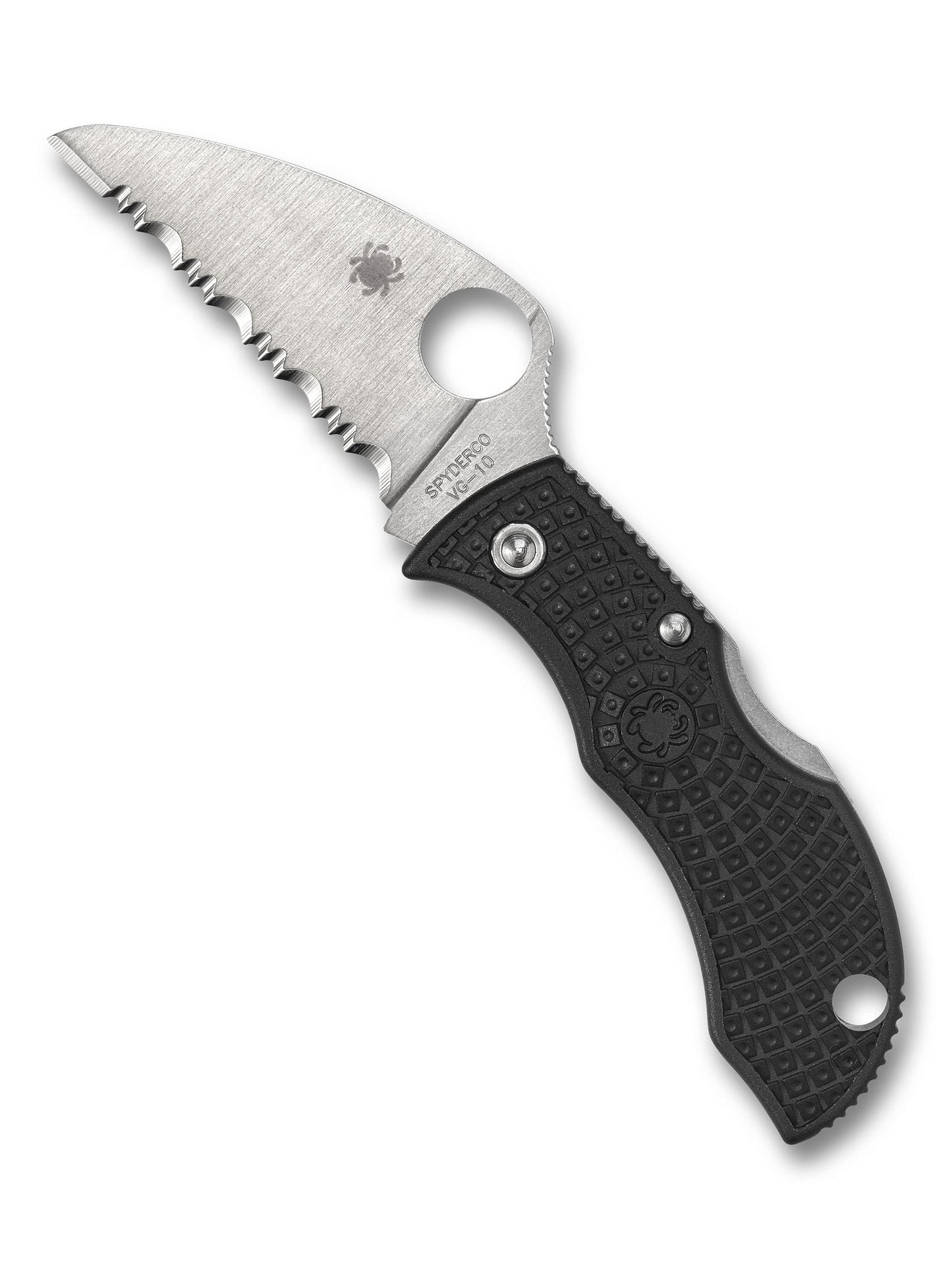 Spyderco Manbug Wharncliffe MBKWS open position showing serrated SpyderEdge VG-10 wharncliffe blade and back lock