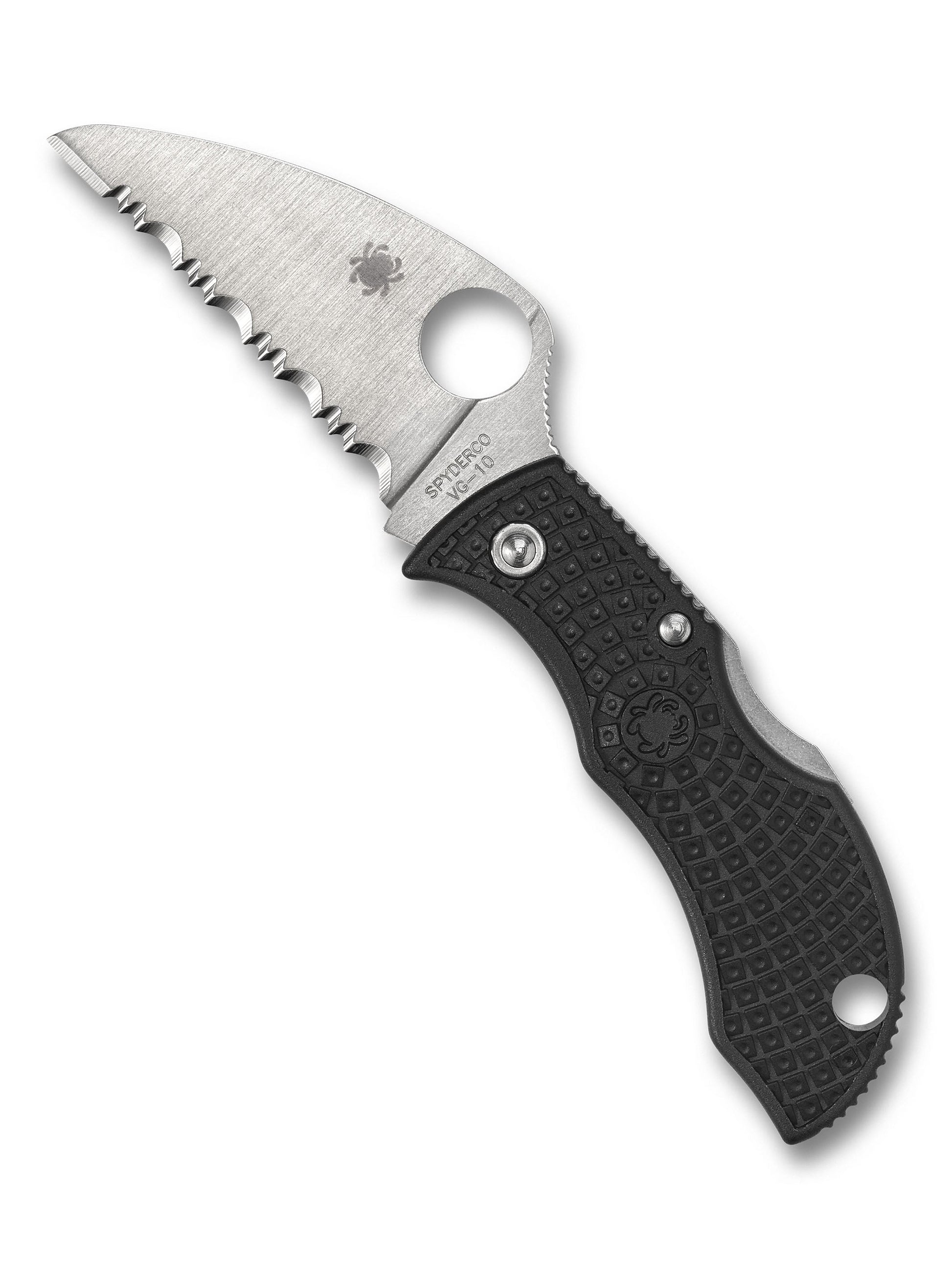 Spyderco Manbug Wharncliffe MBKWS open position showing serrated SpyderEdge VG-10 wharncliffe blade and back lock