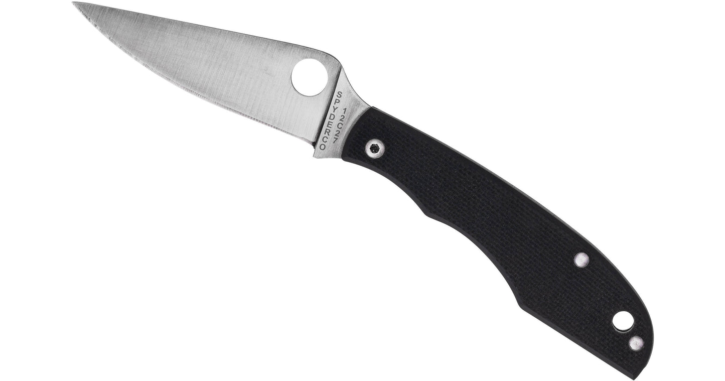 Spyderco Grasshopper C138GBKP slip joint pocket knife, full-flat-ground blade and peel-ply textured black G-10 handle with lanyard hole