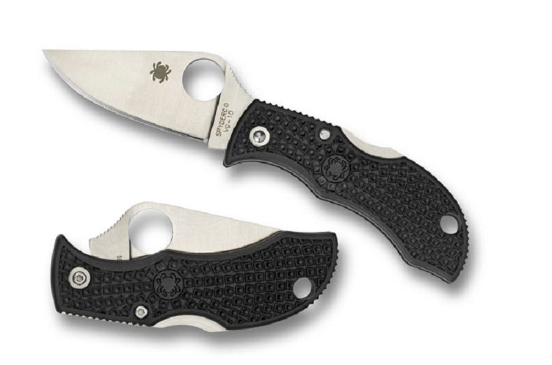 Spyderco Manbug MBKP folding knife shown open and closed, 1.96 inch VG-10 blade and black FRN handle
