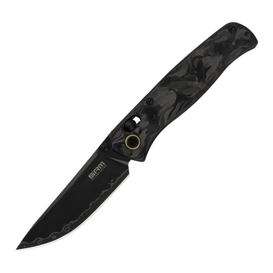 SRM Medal 255L-FB2 Folding Knife â€“ 3.2" Laminated 140Cr Drop Point, Shred Carbon Fiber, Ambi Lock