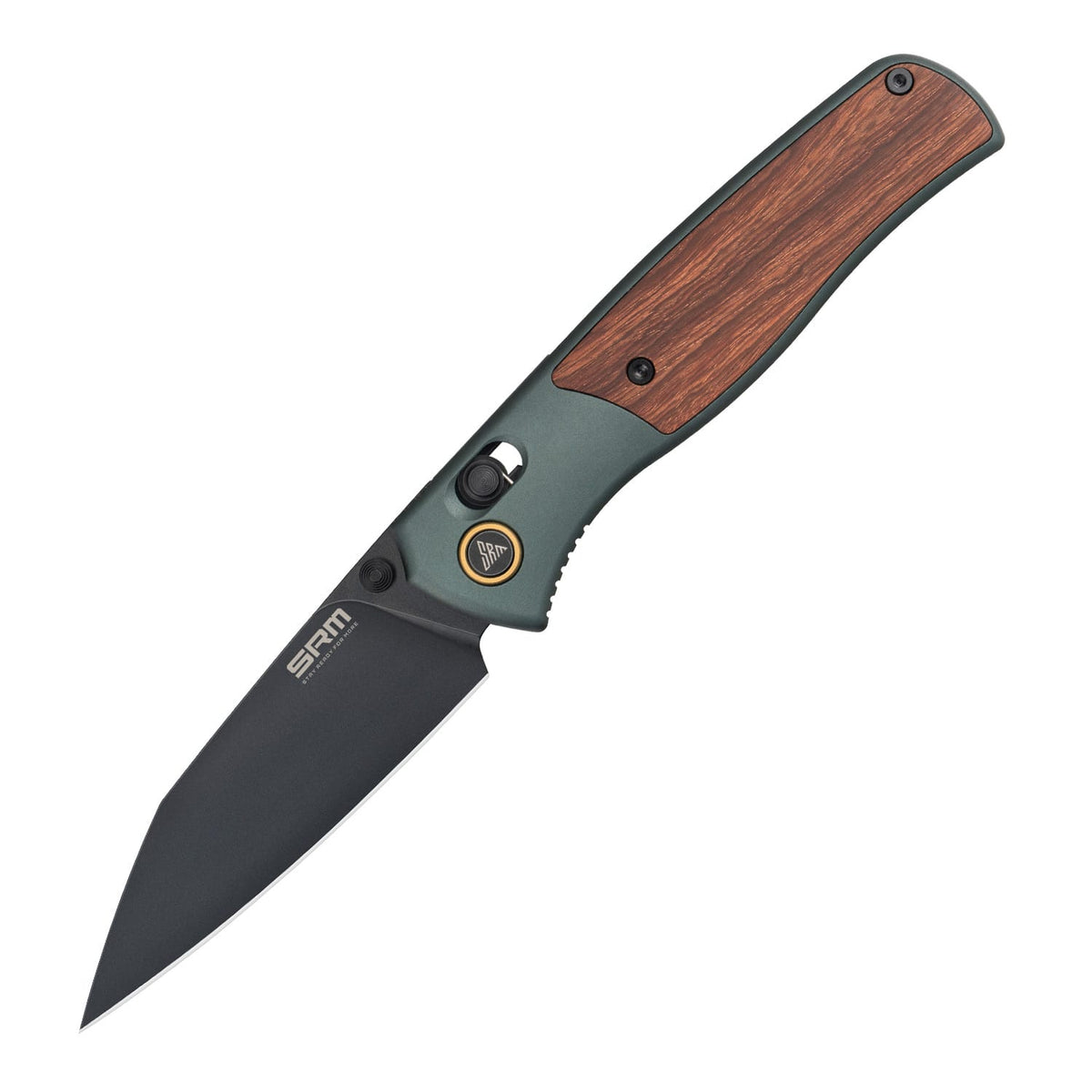 SRM Medal 259L-AG Folding Knife – 3.18" 14C28N Reverse Tanto, Green Aluminum & Rosewood, Ambi Lock