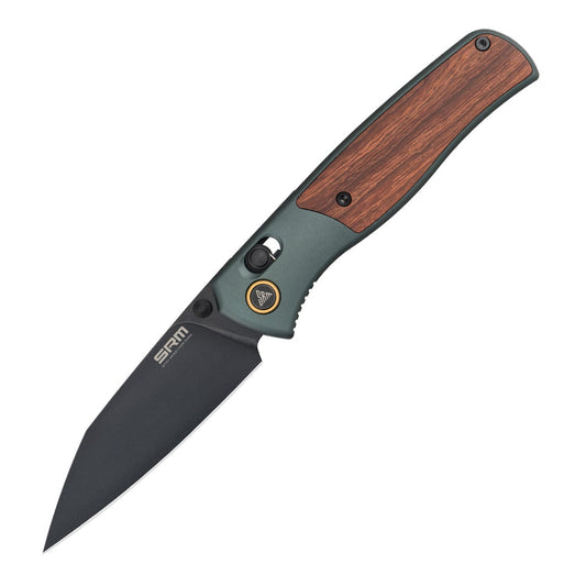 SRM Medal 259L-AG Folding Knife – 3.18" 14C28N Reverse Tanto, Green Aluminum & Rosewood, Ambi Lock