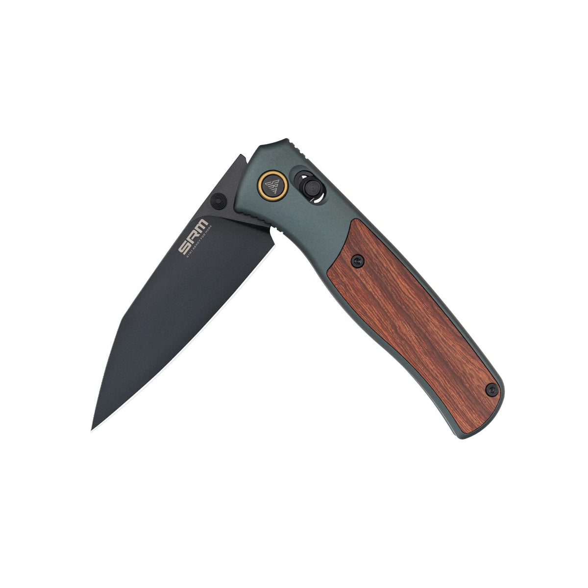 SRM Medal 259L-AG Folding Knife – 3.18" 14C28N Reverse Tanto, Green Aluminum & Rosewood, Ambi Lock