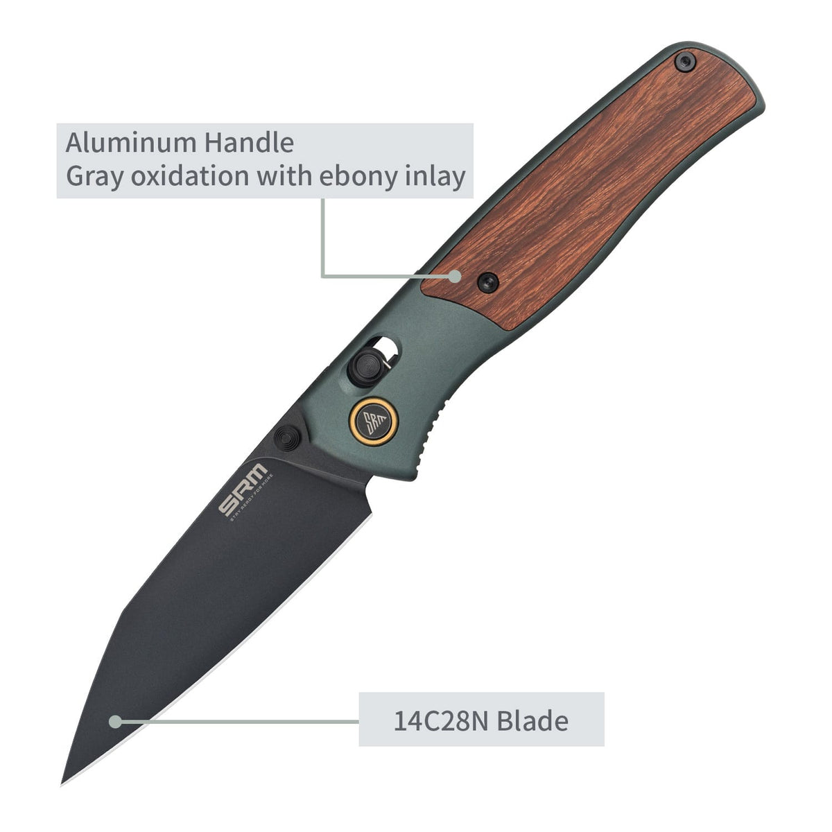 SRM Medal 259L-AG Folding Knife – 3.18" 14C28N Reverse Tanto, Green Aluminum & Rosewood, Ambi Lock