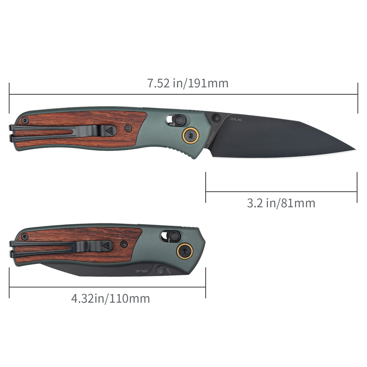 SRM Medal 259L-AG Folding Knife – 3.18" 14C28N Reverse Tanto, Green Aluminum & Rosewood, Ambi Lock