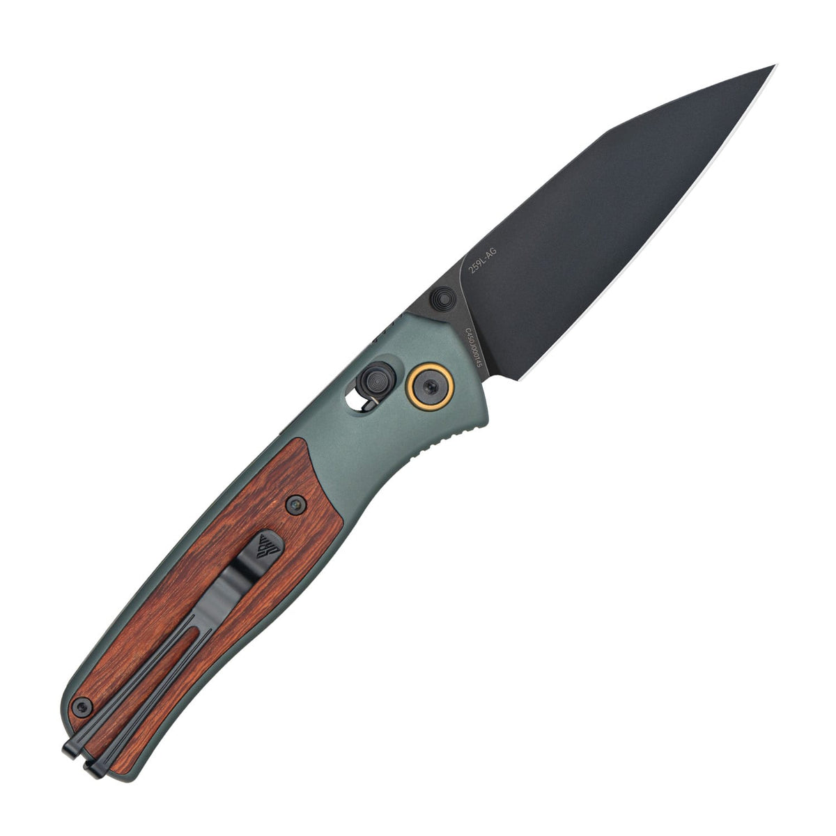 SRM Medal 259L-AG Folding Knife – 3.18" 14C28N Reverse Tanto, Green Aluminum & Rosewood, Ambi Lock