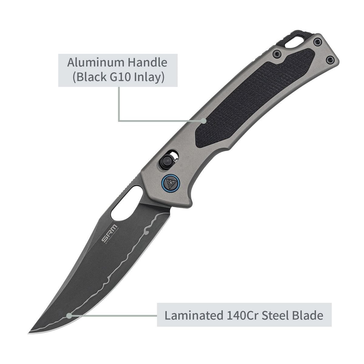 SRM Retriever 9203-AK2 – 3.54" Laminated 140Cr Clip Point Crossbar Lock Knife with Aluminum Handle