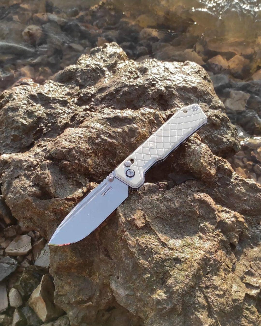 SRM Rubik 7228B-GT Folding Knife – 3.43" 14C28N Drop Point Blade, White G10 Handle