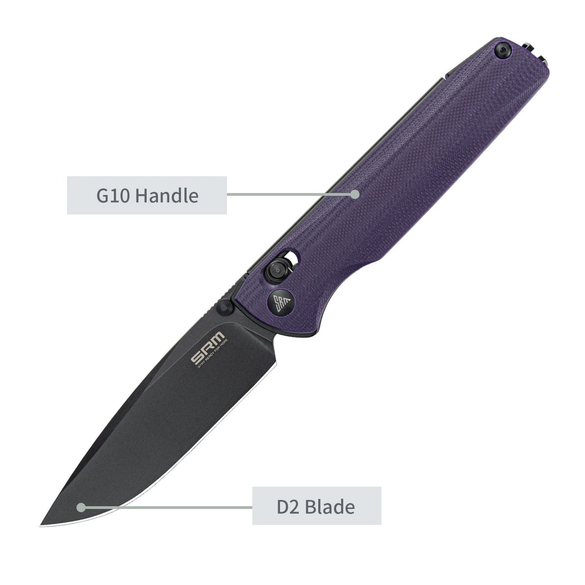 SRM Terrier 258L-GN open position showing D2 drop point blade