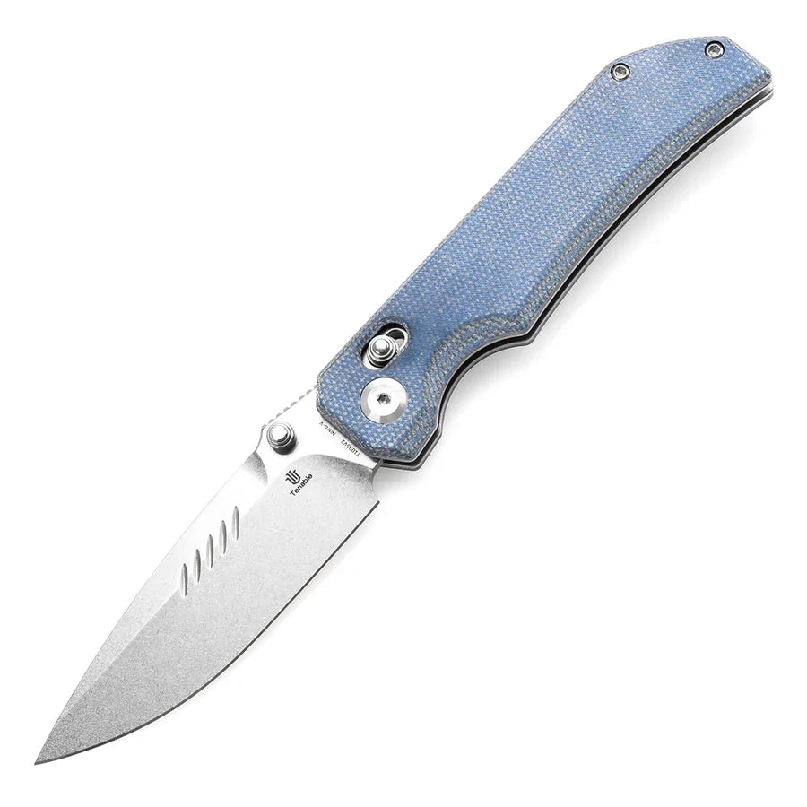 Tenable Eaglestrike T1095V2 – 3.73" Stonewashed Nitro-V Drop Point Blade, Blue Micarta Handle with Crossbar Lock