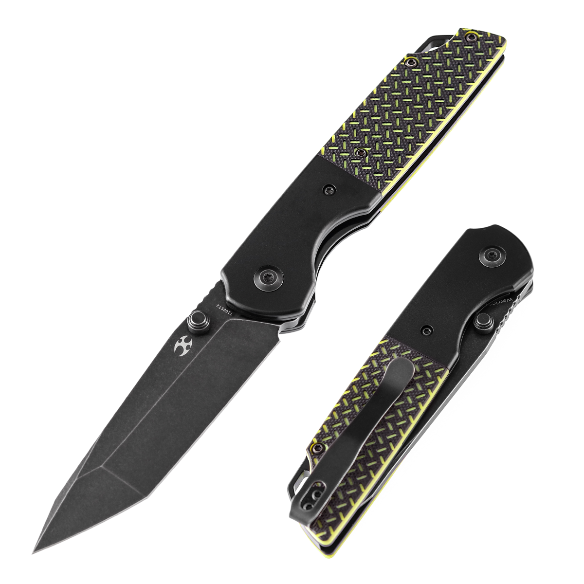 Kansept Warrior T1005T2 front view - 3.47" black TiCN stonewashed D2 tanto folding knife