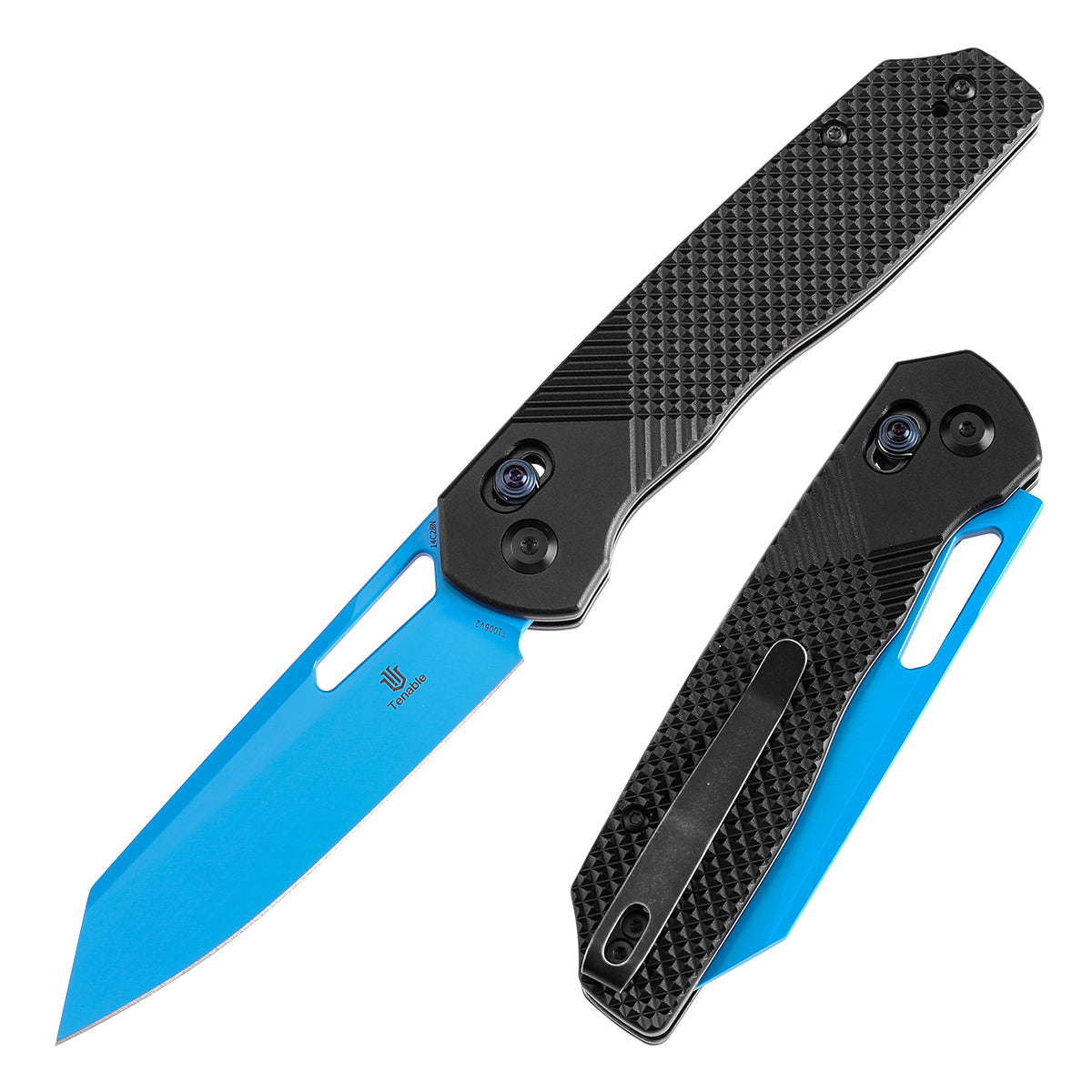 Tenable Shard T1006V2 front view – 3.47" Blue Coated 14C28N reverse tanto folding knife