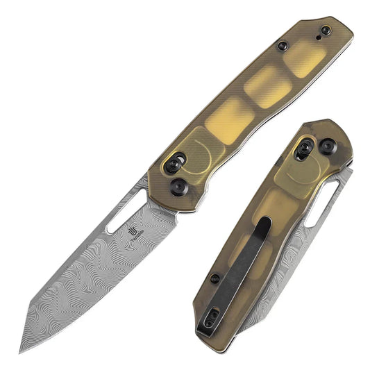 Tenable Shard T1006V7 front view – 3.47″ Damascus reverse tanto folding knife with amber PEI handle