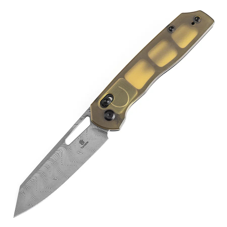 Tenable Shard T1006V7 – 3.47″ Damascus reverse tanto folding knife, amber PEI handle – product view 2