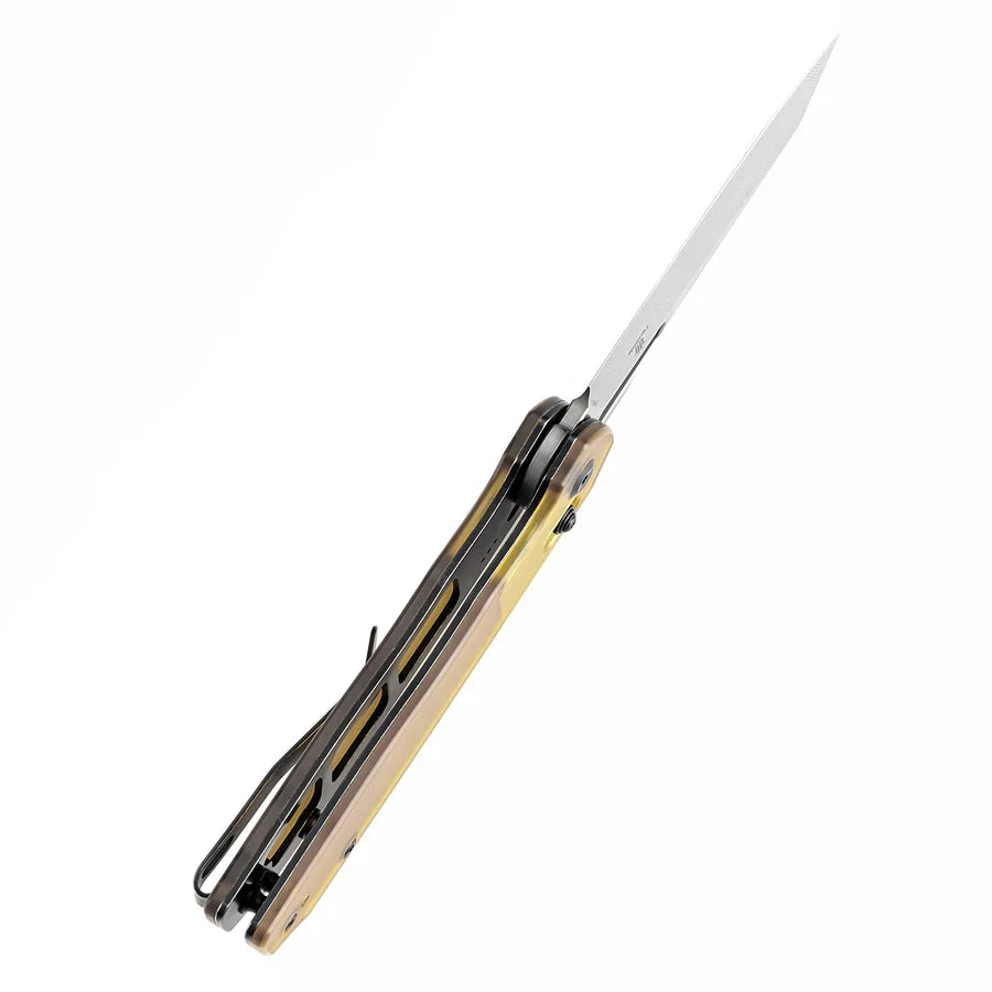 Tenable Shard T1006V7 – 3.47″ Damascus reverse tanto folding knife, amber PEI handle – product view 4