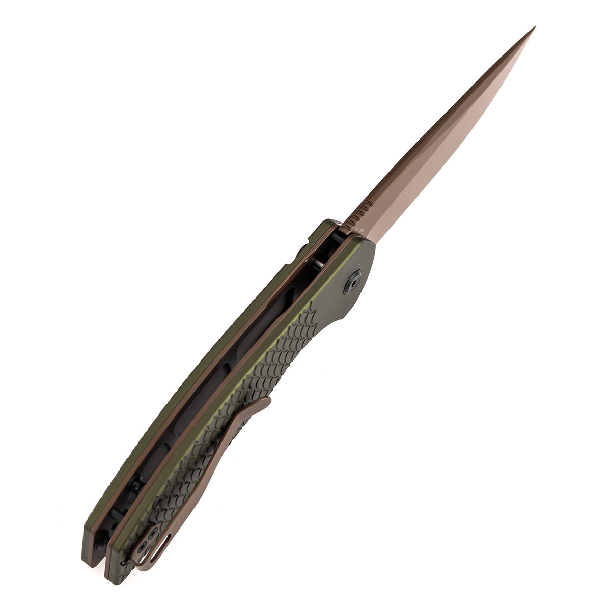 Kansept Accipiter T1007F5 blade detail – rose gold 14C28N drop point