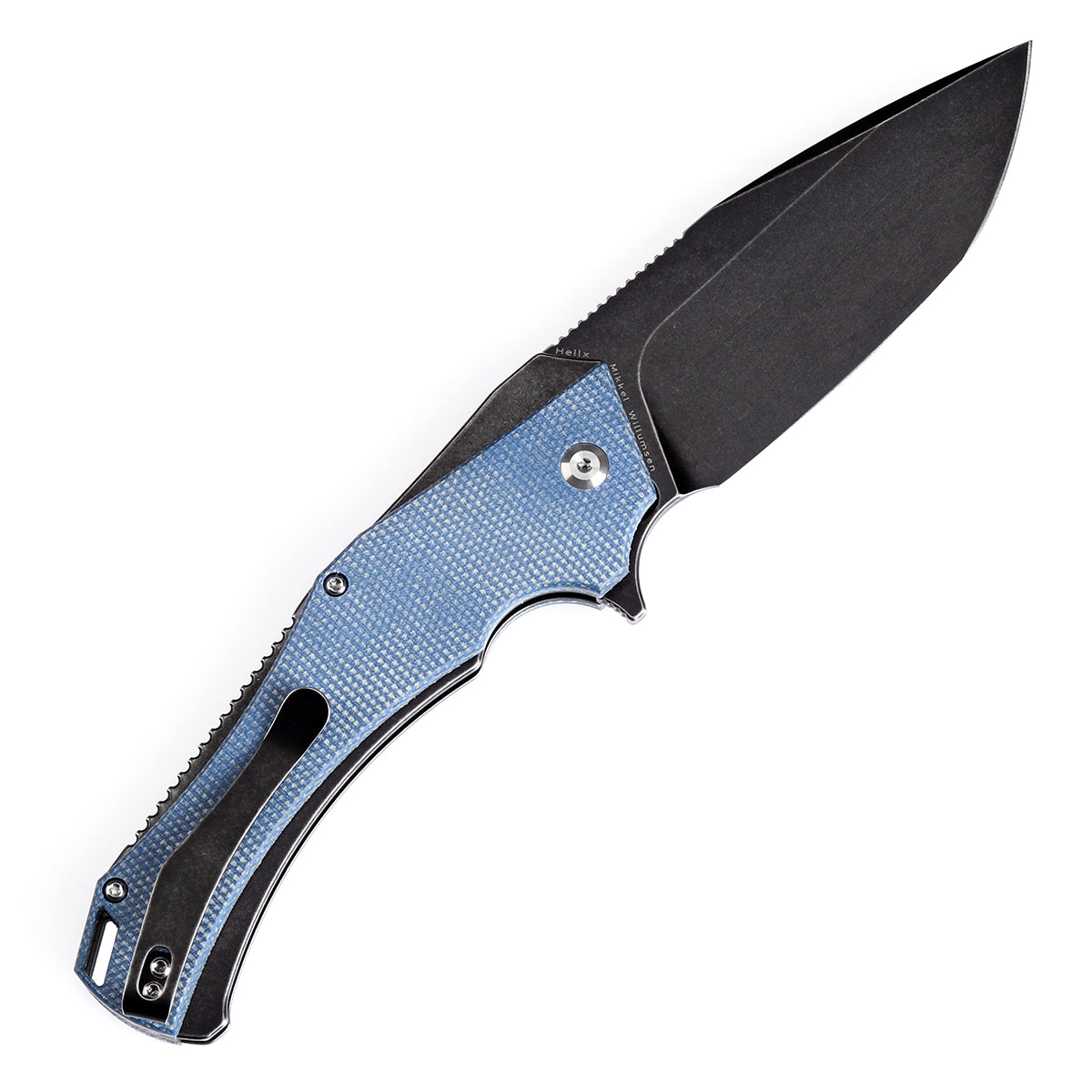 Kansept Hellx T1008F3 open position showing D2 tanto blade