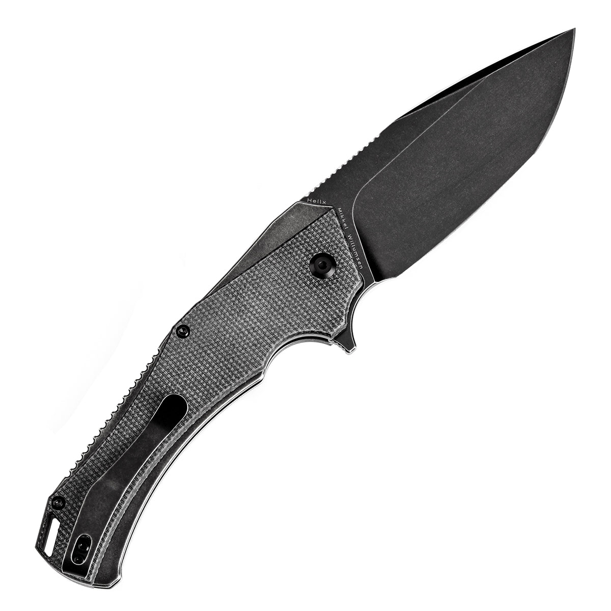 Kansept Hellx T1008F4 open position showing D2 tanto blade