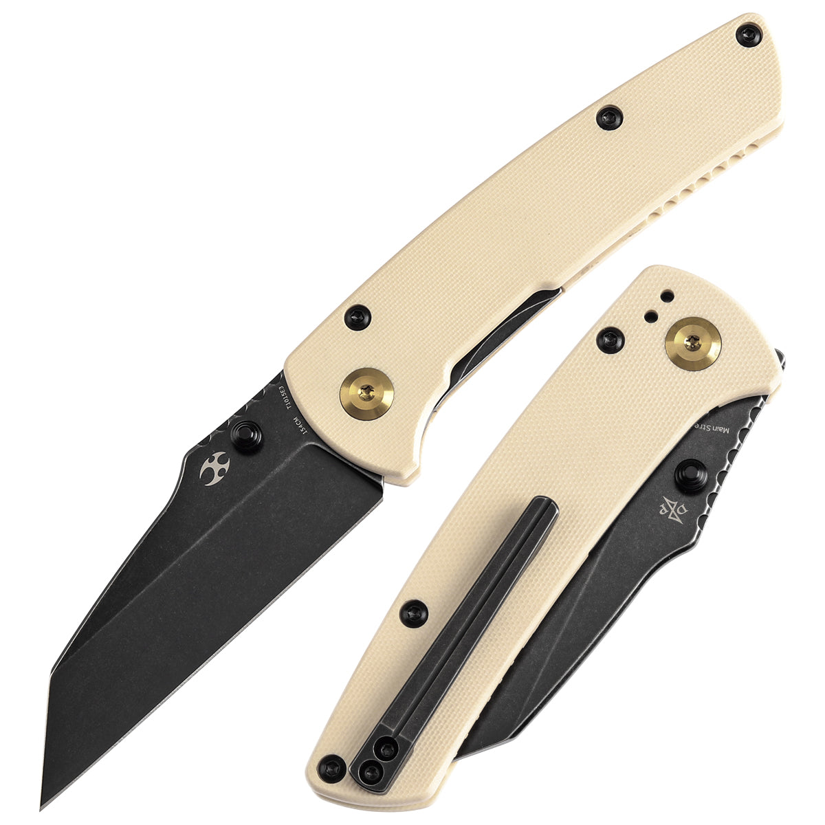 Kansept Main Street T1015E3 front view – 3.36" blackwash 154CM Wharncliffe folding knife