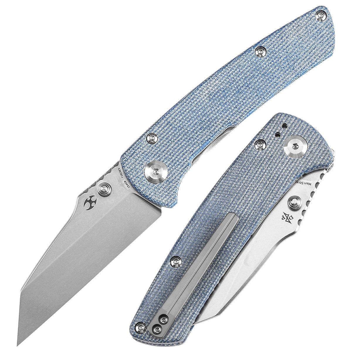 Kansept Main Street T1015E5 front view – 3.36" stonewashed 154CM Wharncliffe folding knife