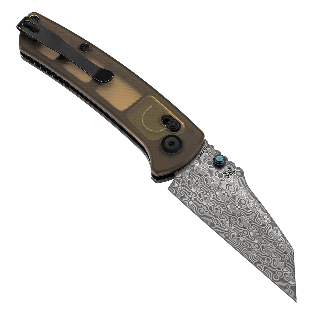 Kansept Main Street T1015V12 open position showing Damascus Wharncliffe blade