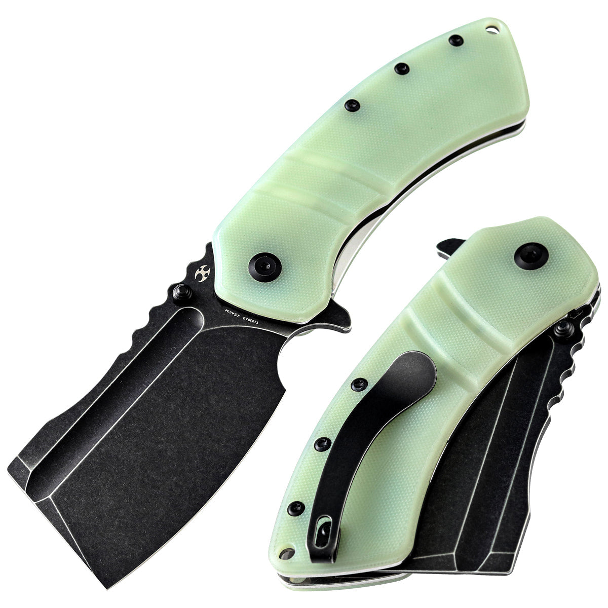 Kansept XL Korvid T1030A3 front view – 3.55" black TiCn 154CM cleaver folding knife