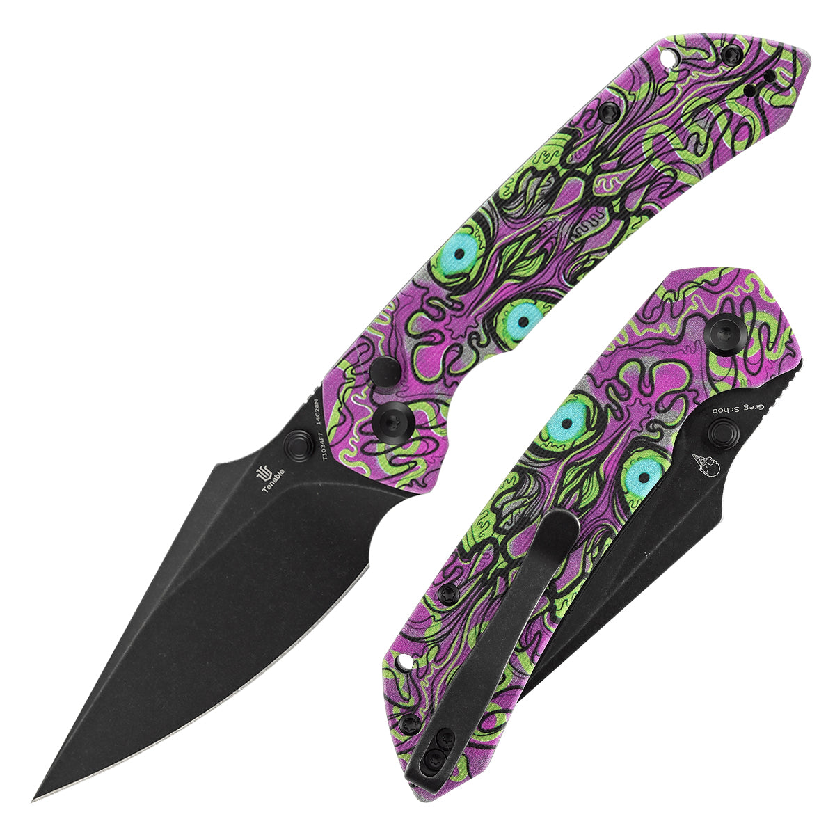Tenable Fenrir T1034F7 front view – 3.45" blackwash 14C28N harpoon folding knife