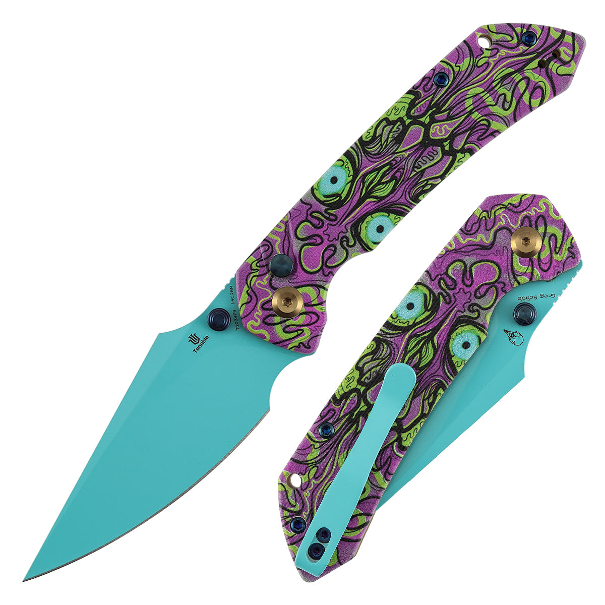 Tenable Fenrir T1034F9 front view – 3.45" blue coated 14C28N harpoon folding knife