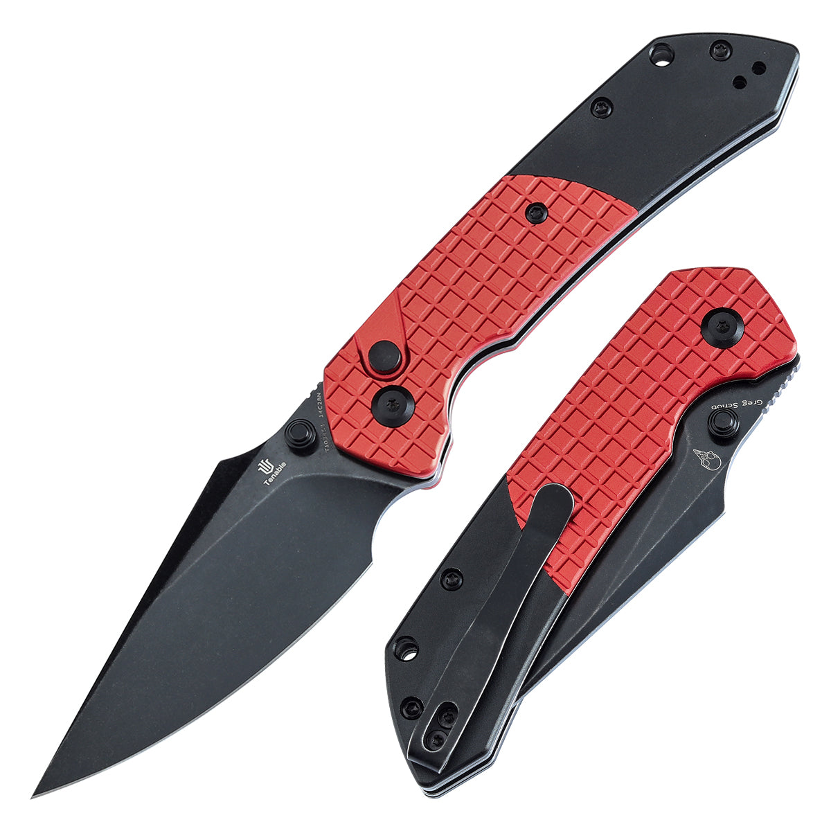 Tenable Fenrir T1034S3 front view – 3.45″ Blackwash 14C28N harpoon, dark red frag pattern aluminum, button lock