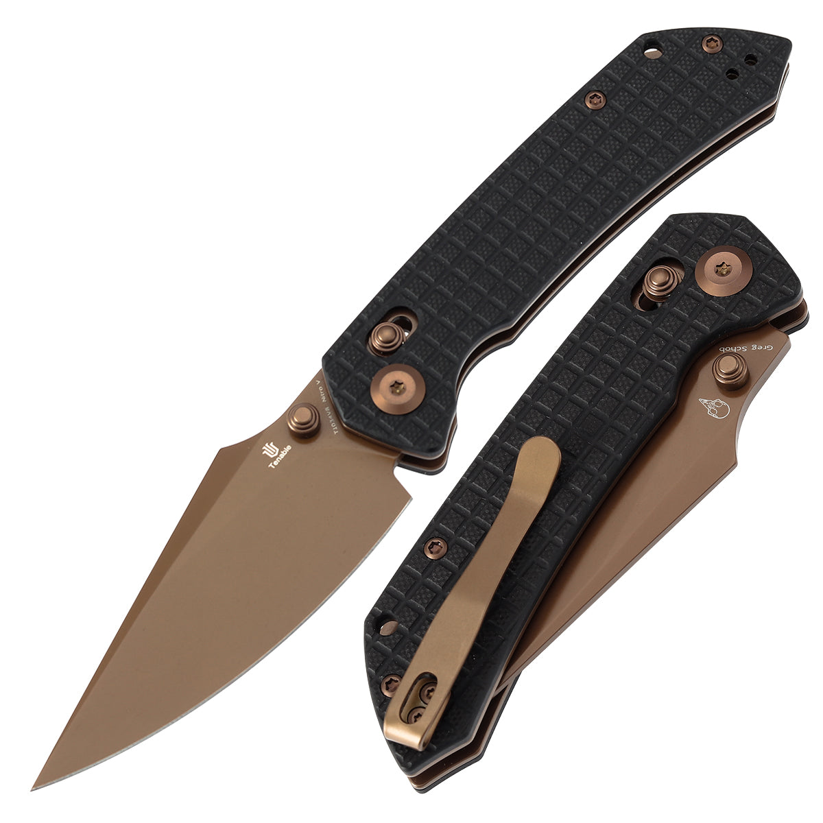 Tenable Fenrir T1034V8 front view – 3.48" rose gold Nitro-V harpoon folding knife