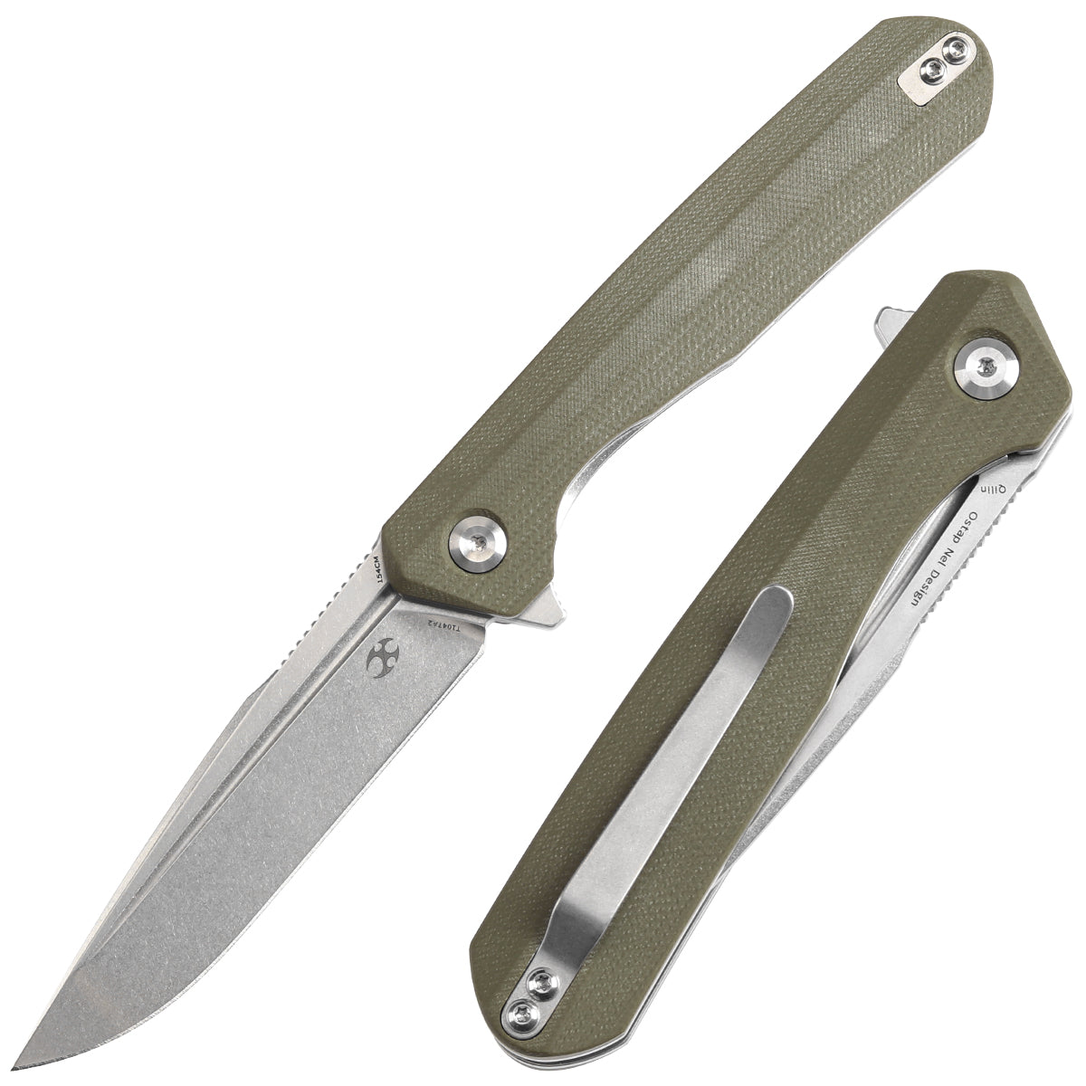 Kansept Qilin T1047A2 front view – 3.43" stonewashed 154CM drop point folding knife
