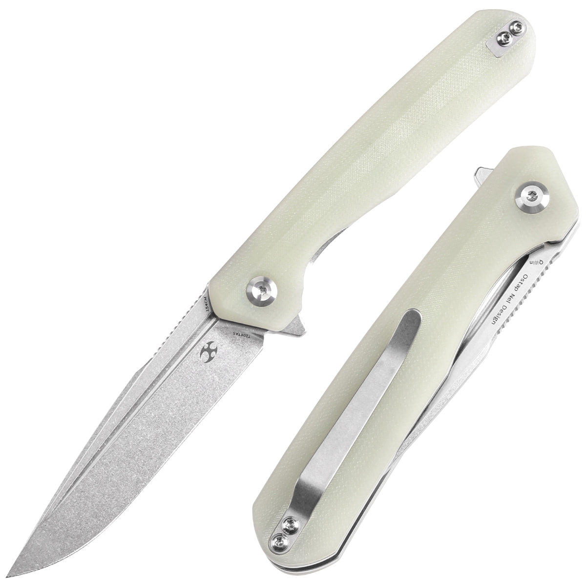 Kansept Qilin T1047A5 front view – 3.43" stonewashed 154CM drop point folding knife