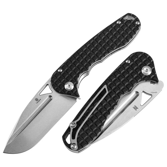 Tenable Bömbur T1054A1 front view – 3.53" stonewashed D2 drop point folding knife, open and closed