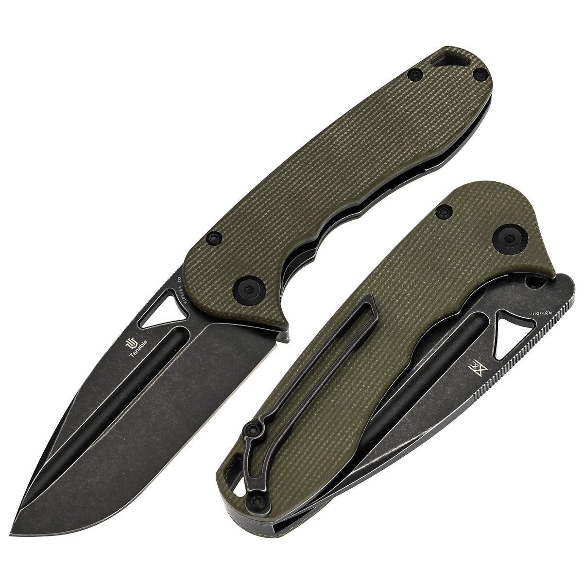 Tenable Bömbur T1054A4 front view – 3.53" blackwash D2 drop point folding knife