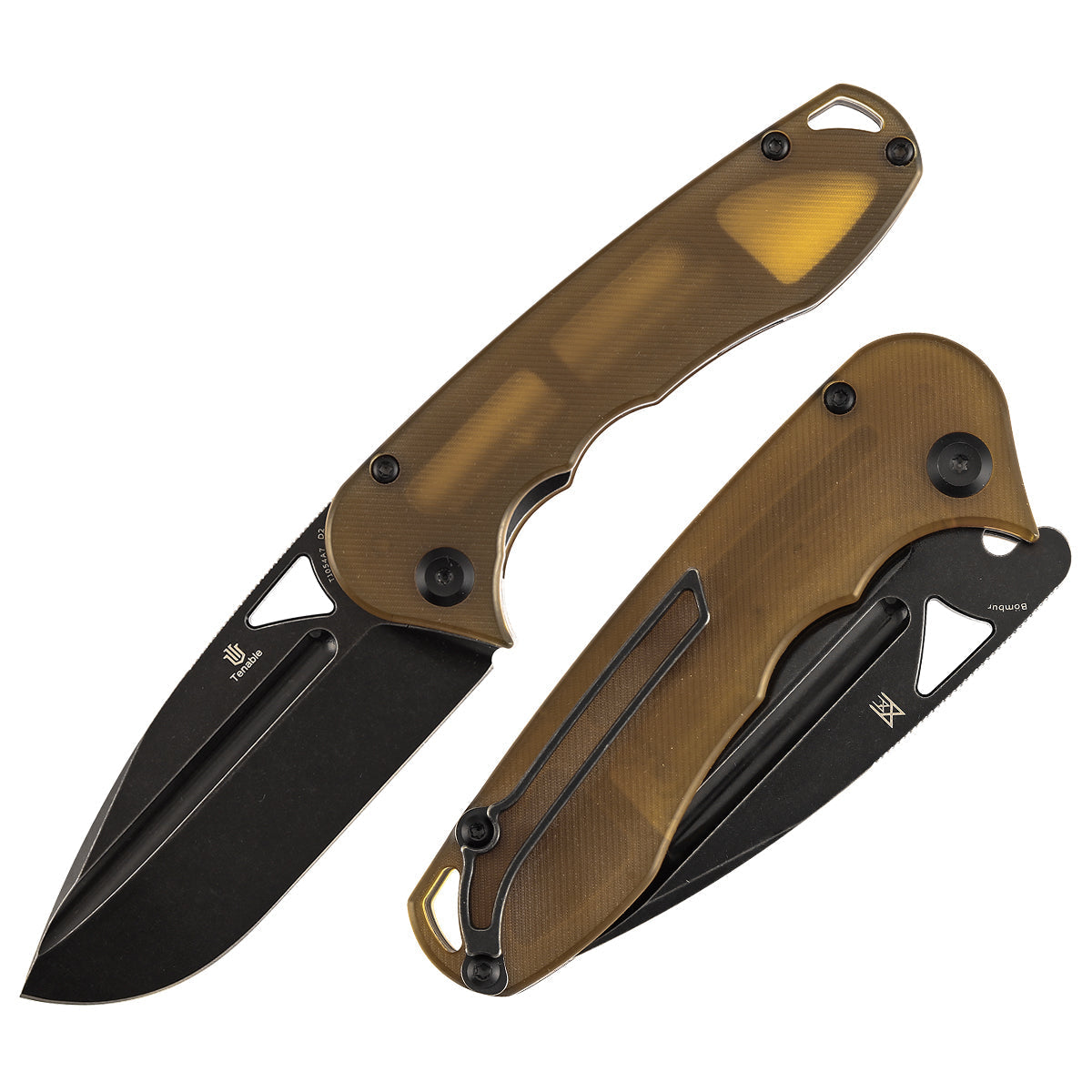 Tenable Bömbur T1054A7 front view – 3.53" Blackwash D2 drop point folding knife