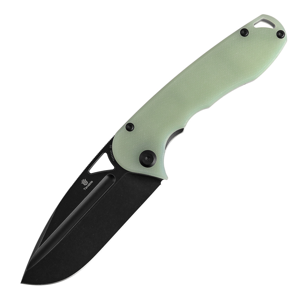 Tenable Bömbur T1054A8 closed view – 3.53″ Blackwash D2 drop point, jade G10 handle, liner lock