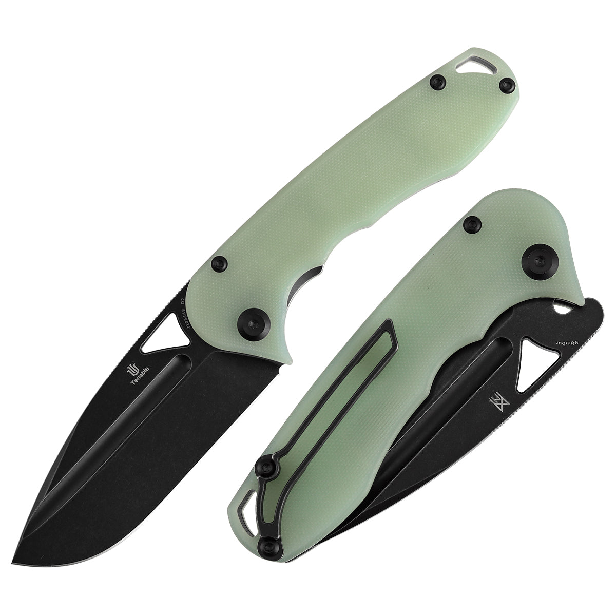 Tenable Bömbur T1054A8 front view – 3.53″ Blackwash D2 drop point, jade G10 handle, liner lock