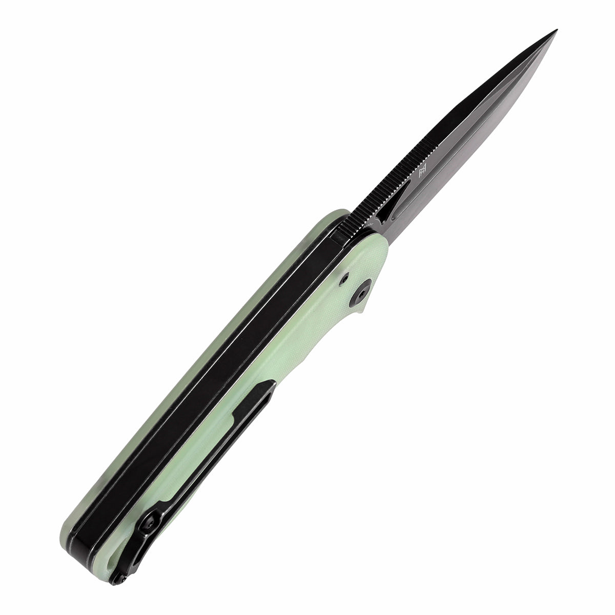 Tenable Bömbur T1054A8 jade G10 handle detail – dual-curve ergonomics, titanium backspacer