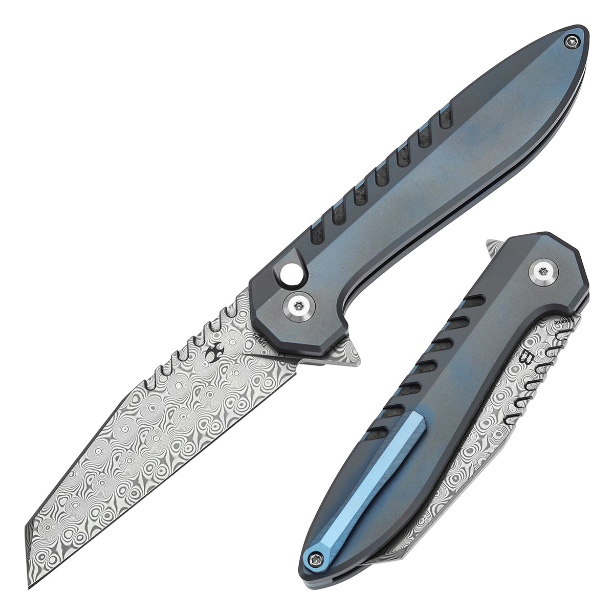 Kansept Kosame T1093F1 front view – 3.37" Damascus Wharncliffe folding knife