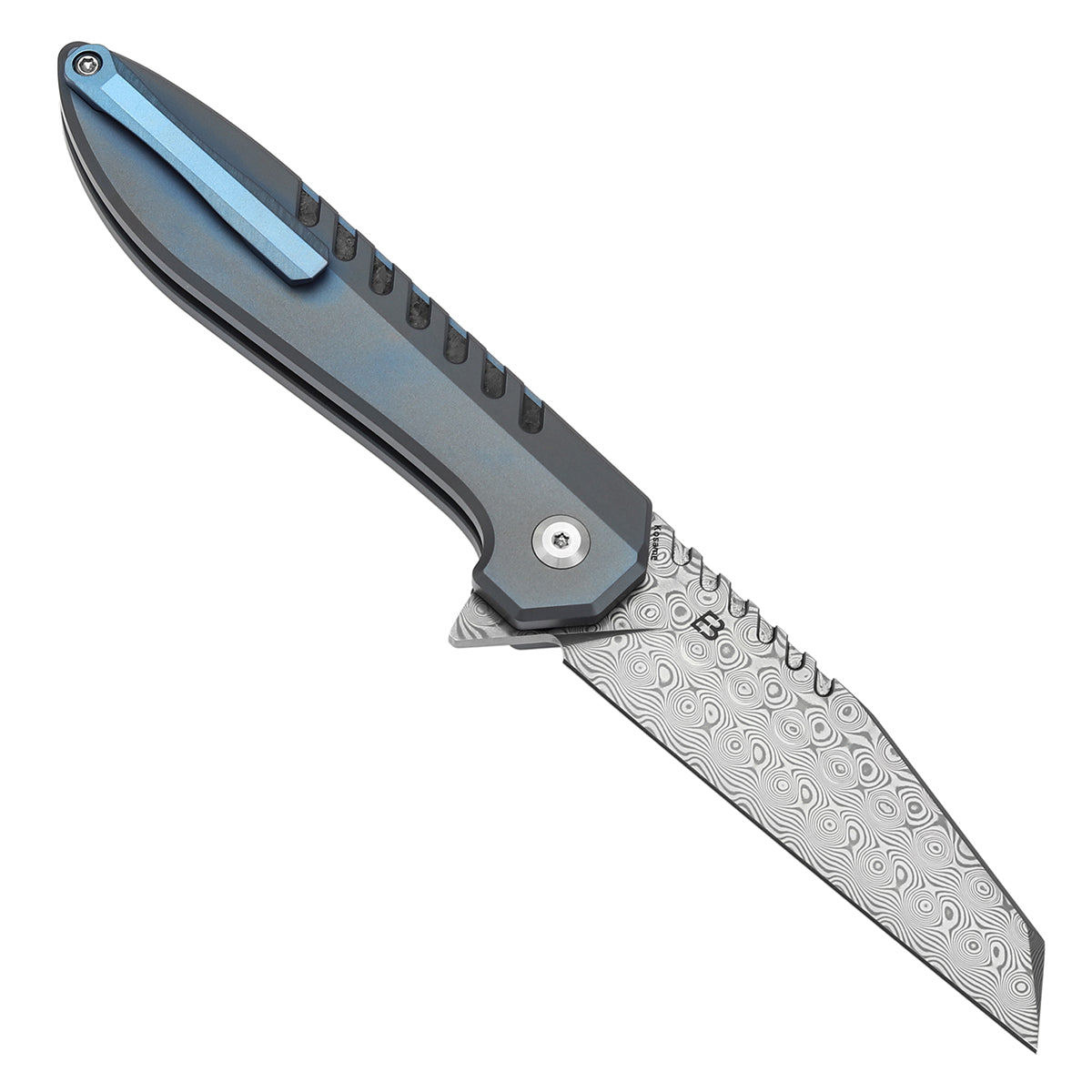 Kansept Kosame T1093F1 open position showing Damascus Wharncliffe blade