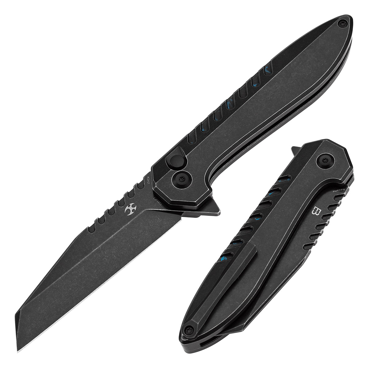 Kansept Kosame T1093F2 front view – 3.37" blackwash 154CM Wharncliffe folding knife