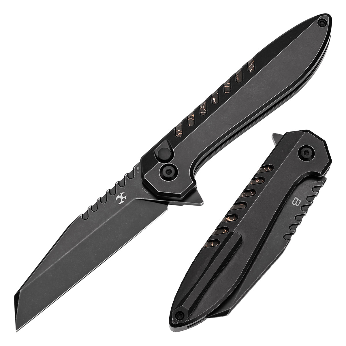 Kansept Kosame T1093F3 front view – 3.37" blackwash 154CM Wharncliffe folding knife